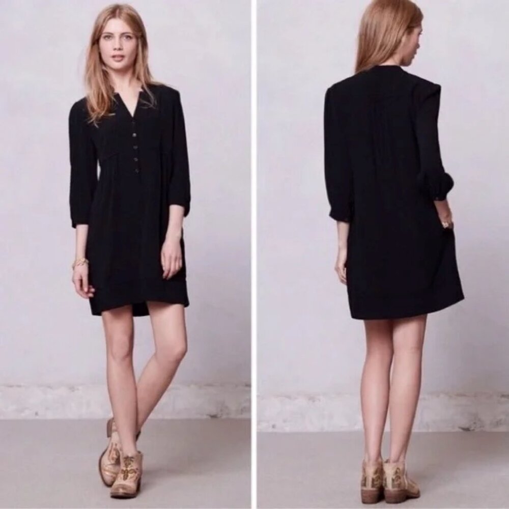 Anthropologie Maeve Womens Mini Shift Dress Black 3/4 Sleeve V-Neck Size 4